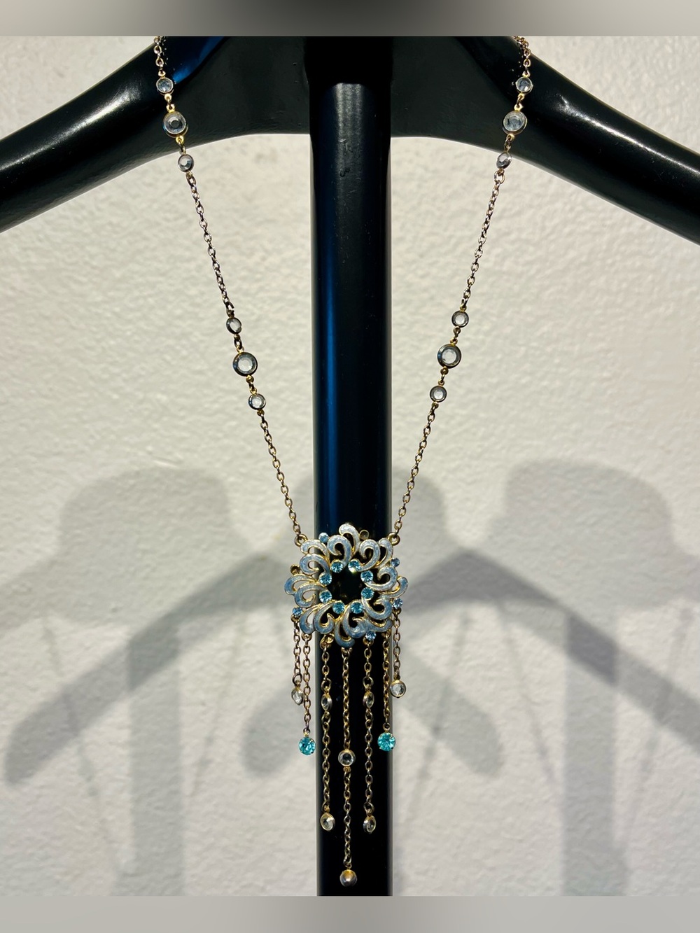 Vintage Gold-Tone Blue Crystal Pendant Necklace